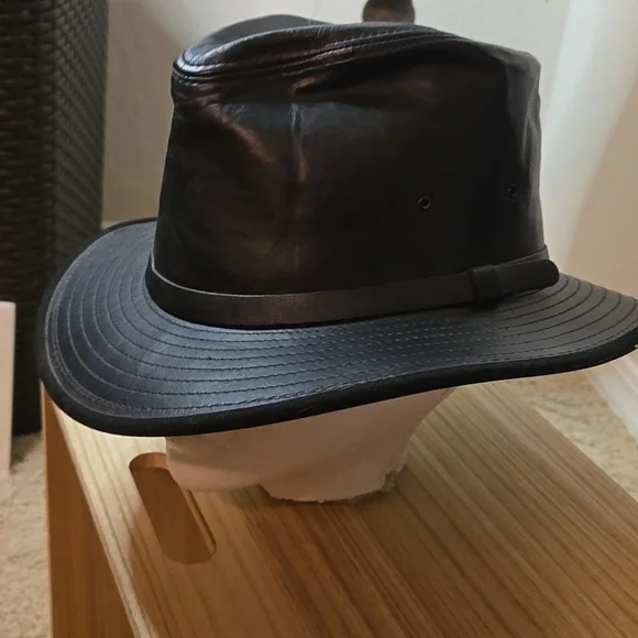 Vintage Henshel Black Leather Fedora  Hat - Picture 3 of 12
